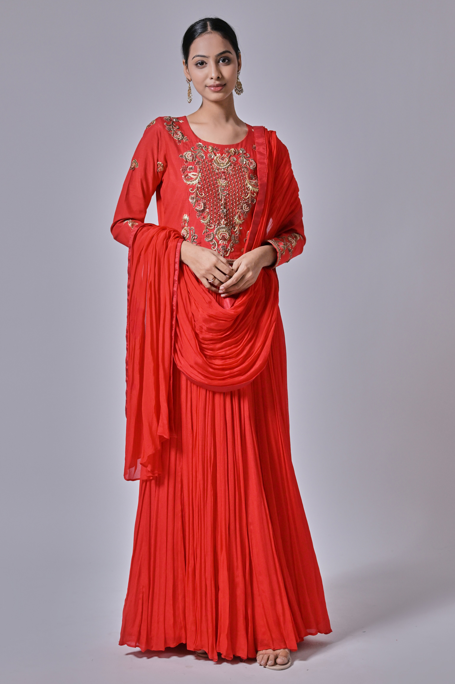 Red Chiffon Hand Embroidered Anarkali Suit 